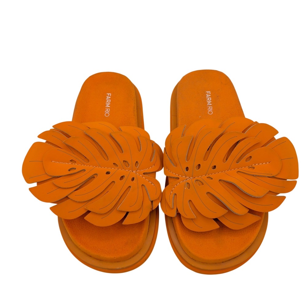 Farm Rio Orange Monstera Leaf Leather Platform Slide Sandals Womens‎ US 8 EU 39